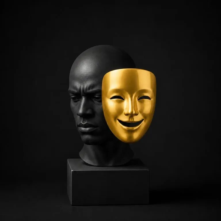 Angst vor Ablehnung: eine lächelnde goldene Maske vor einem angespannten schwarzen Gesicht